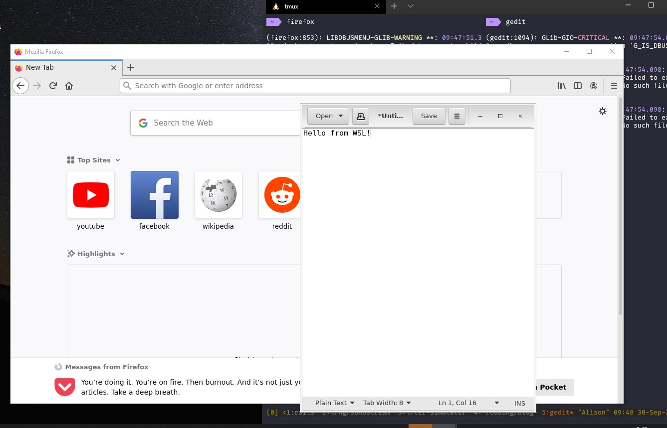 Firefox and GEdit running in Windows